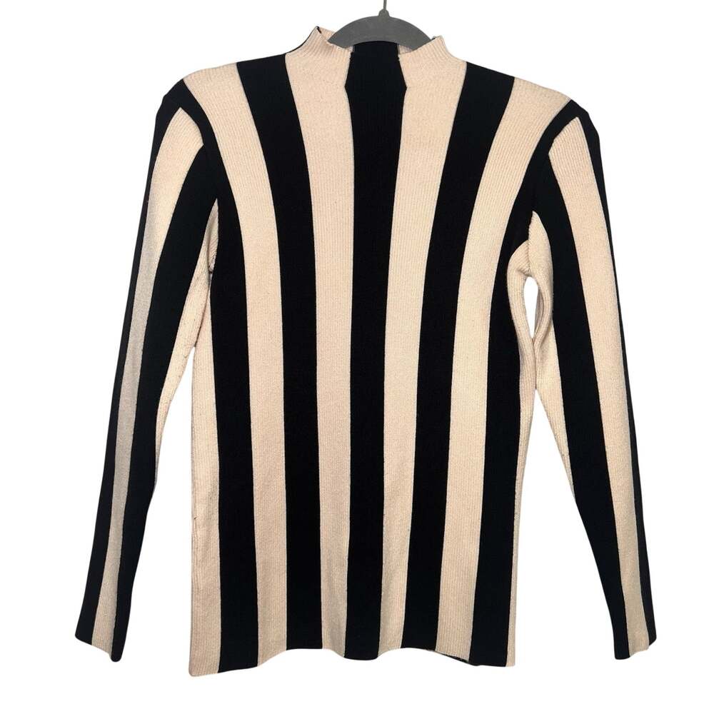 Vilagallo Women’s Sweater Size M Black Cream Striped Mock Neck Ribbed Knit Spain